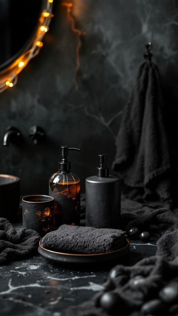 Chic gothic bathroom accessories including black soap dispensers, towels, and candles.