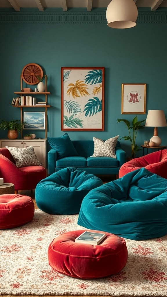 A cozy living room featuring colorful velvet bean bags and a taxidermy crow.