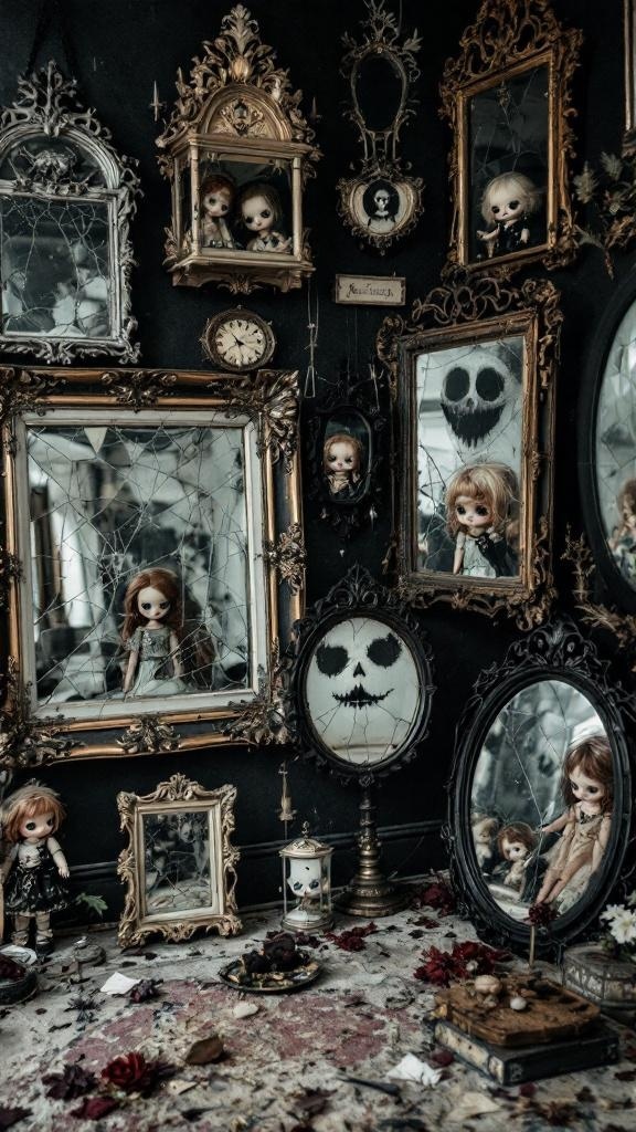 A collection of gothic mirrors with dolls, featuring intricate designs and a dark aesthetic.
