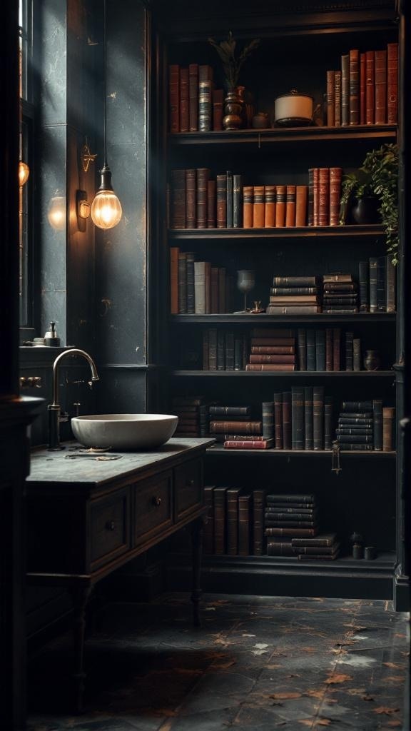 A cozy bathroom with leather bound journals on shelves, soft lighting, and a vintage sink.
