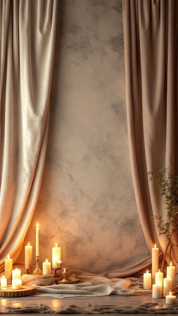 A serene living room altar wall with candles and soft fabric textures.
