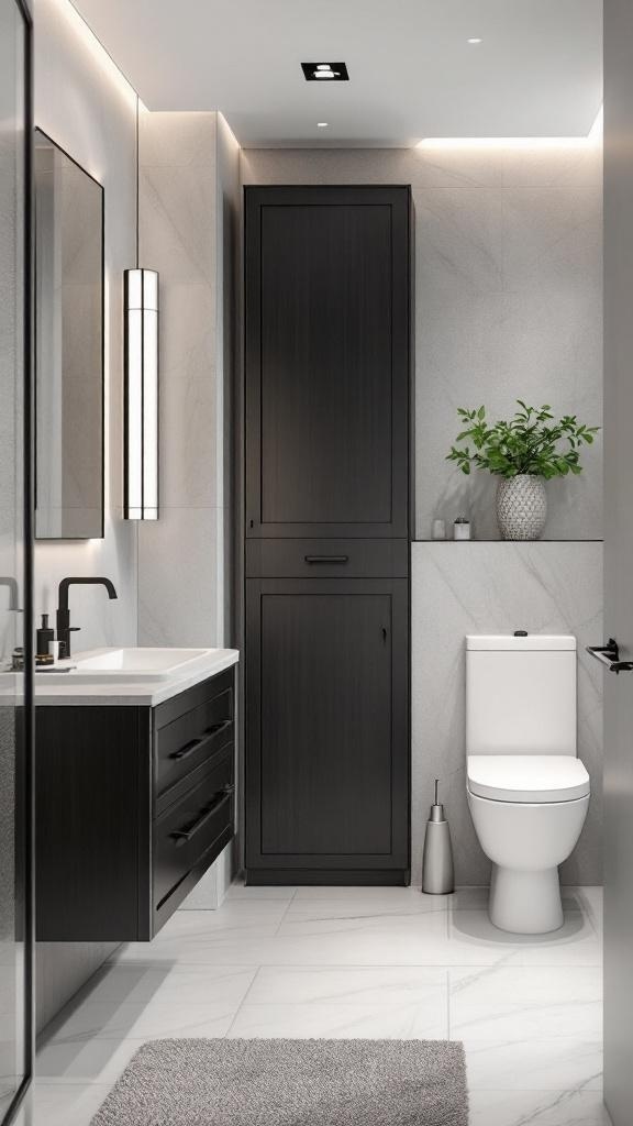 A modern dark bathroom featuring stylish storage solutions.