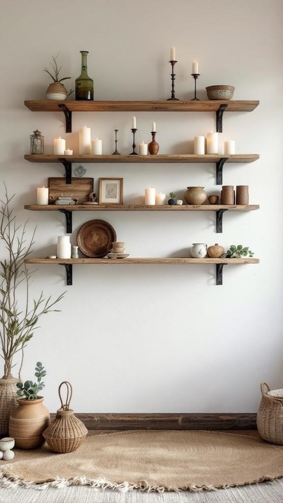 Rustic living room altar wall with candles and decorative items.