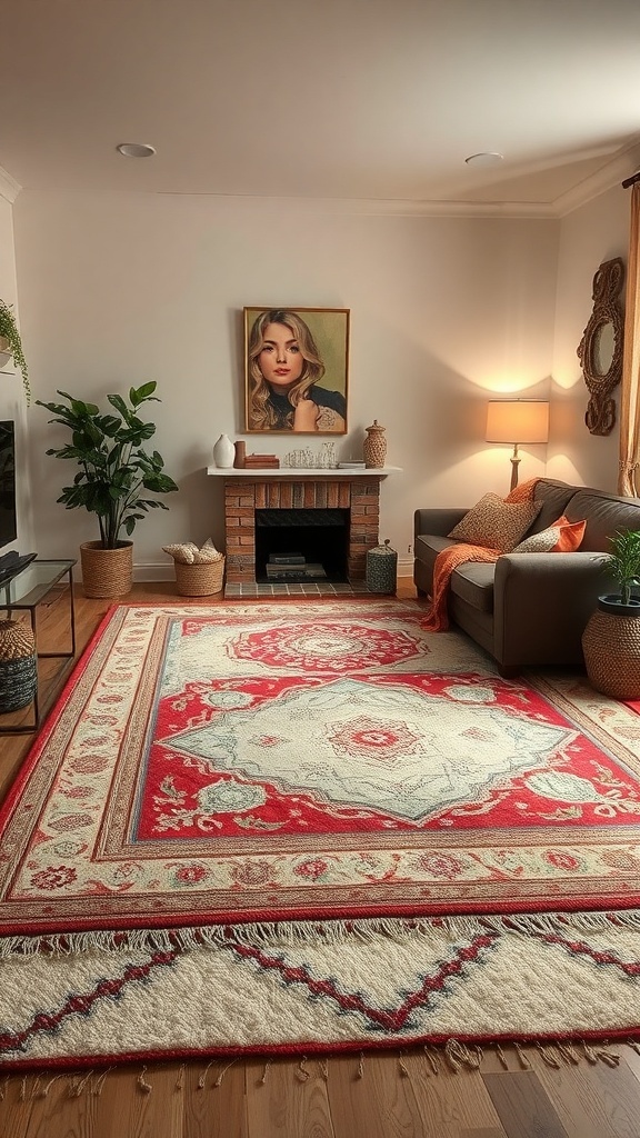 A cozy living room with layered rugs, a fireplace, and a portrait on the wall.