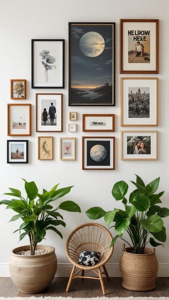 Gallery wall with various framed artworks and plants in a living room.