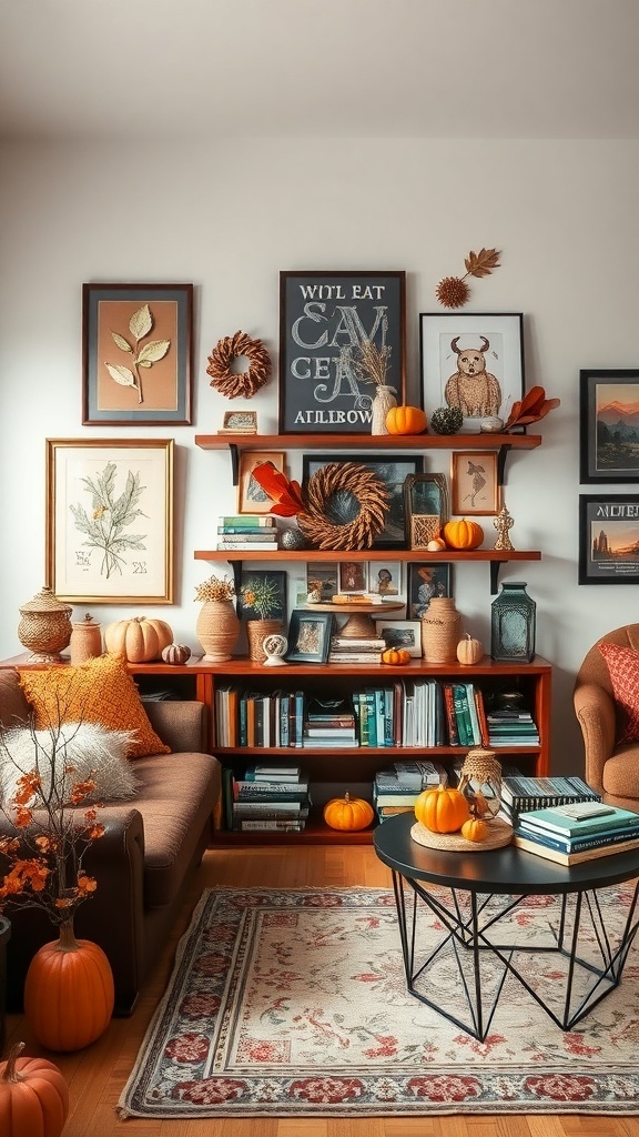 A cozy living room with artful wall displays and shelves decorated for autumn.
