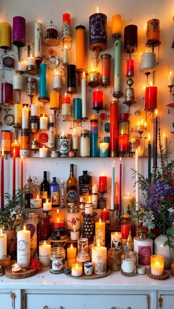 A vibrant wall of candles in various styles and colors, creating a warm and inviting atmosphere.