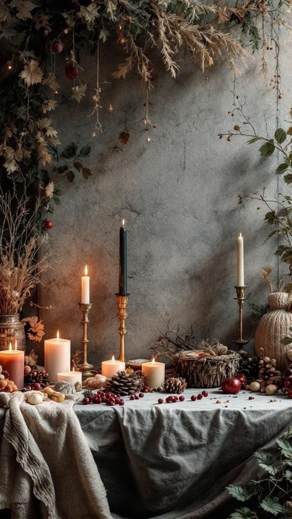 A beautifully arranged altar wall featuring various candles, pinecones, and seasonal decor.