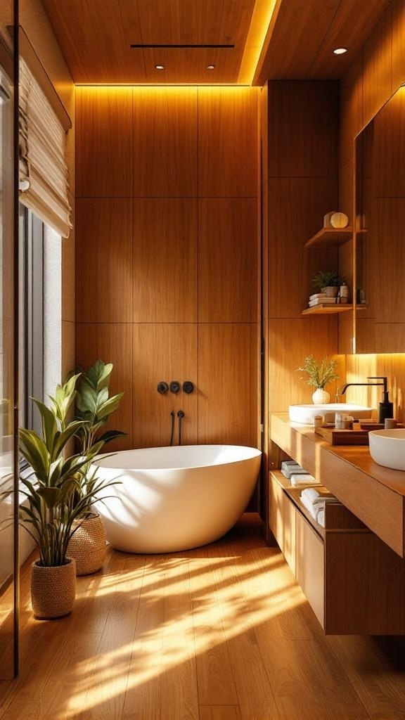 A spa-inspired bathroom featuring warm honey wood elements, a freestanding bathtub, and soft lighting.