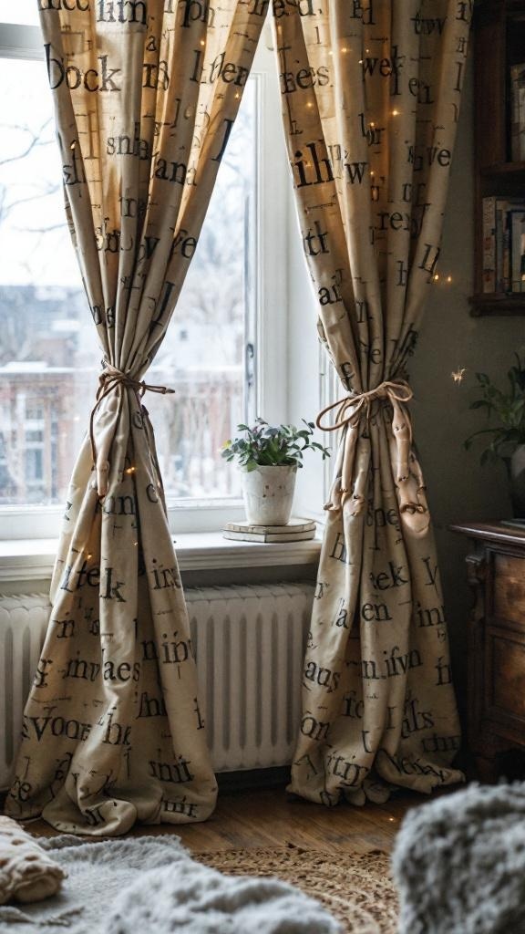A cozy living room with curtains tied back using doll legs, showcasing a whimsical decor style.
