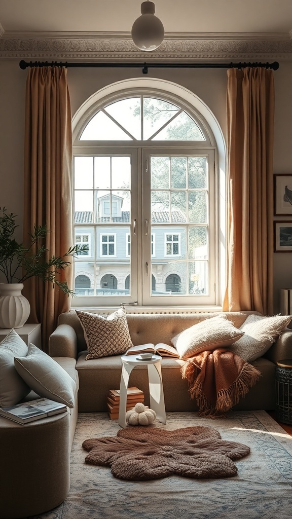 Cozy reading nook with velvet bean bags and warm lighting