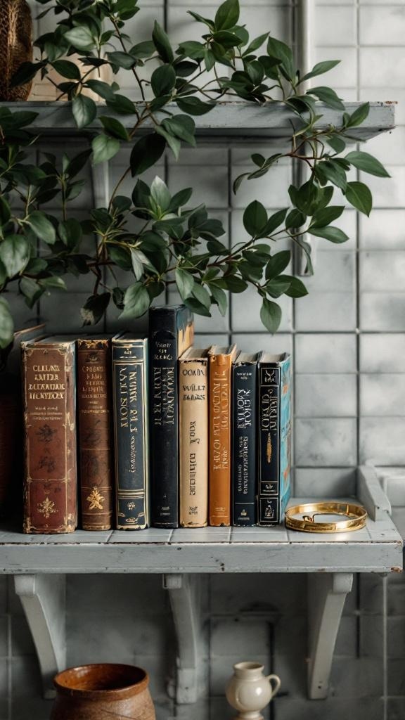 A collection of classic literature books displayed on a shelf with green leaves in the background.