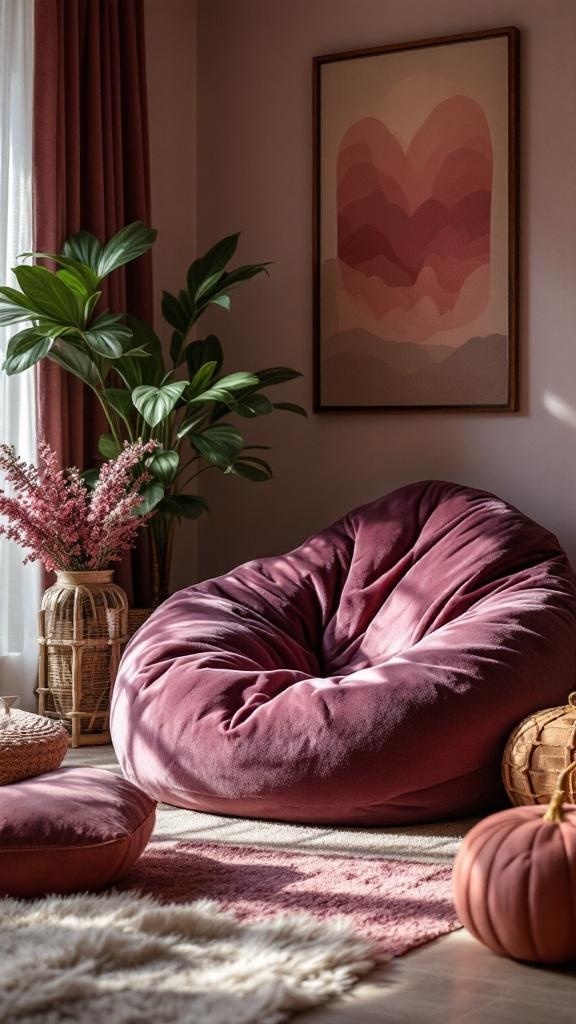 A cozy living room featuring a velvet bean bag, soft rugs, and warm colors.