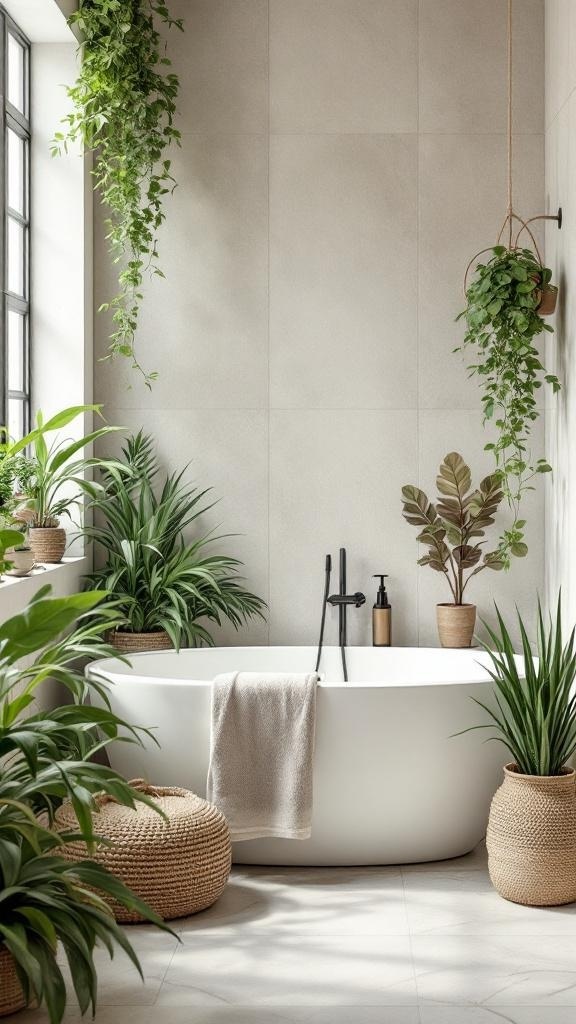 A serene bathroom featuring a white tub surrounded by various green plants in woven baskets.
