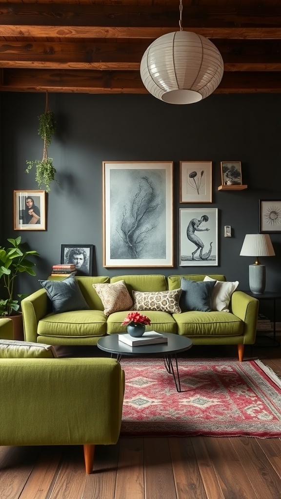 Cozy living room with an olive green couch, decorative pillows, and artwork on dark walls.