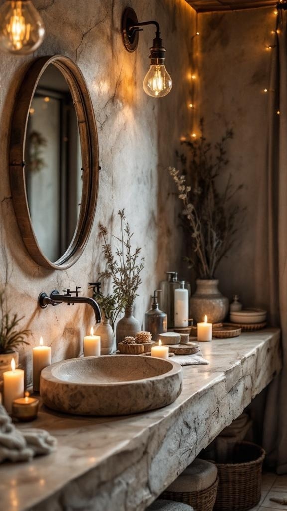 A rustic bathroom with stone countertops, candles, and natural decor.