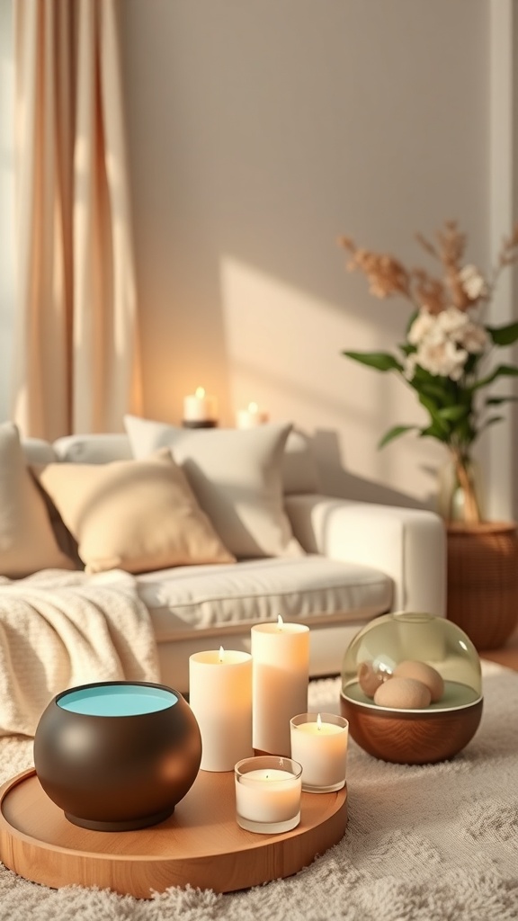 A cozy living room setup with candles and an aromatherapy diffuser.