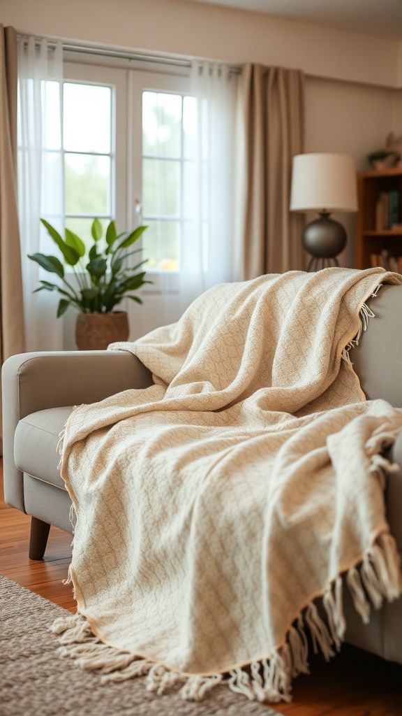 A cozy blanket draped over a sofa in a bright living room.