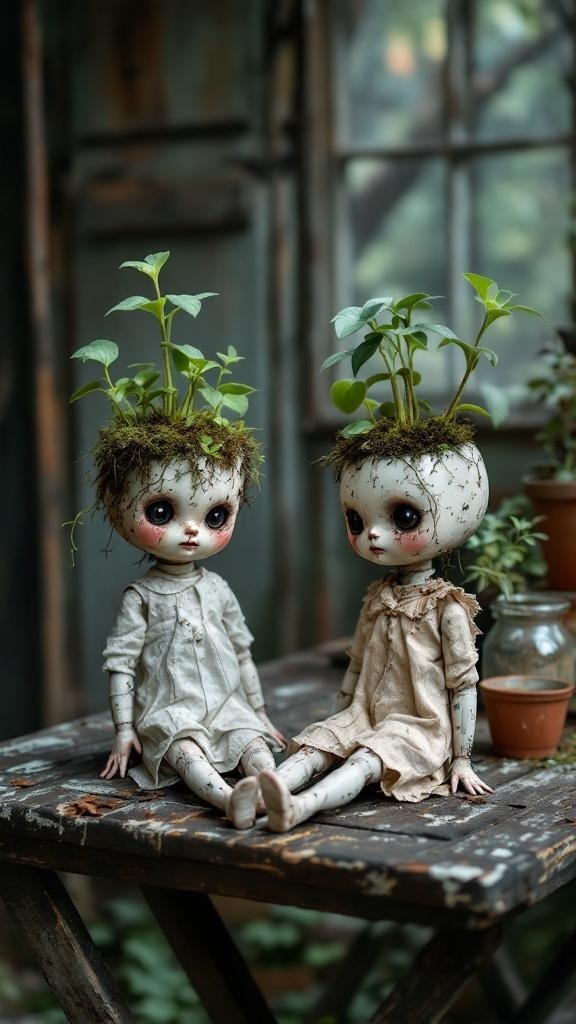 Two thrifted dolls with plant heads sitting on a table, showcasing a spooky planter idea.