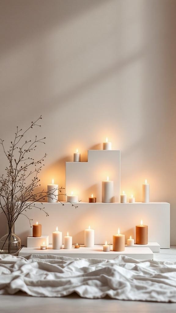 A minimalist candle display featuring various candles on white platforms with a soft background.