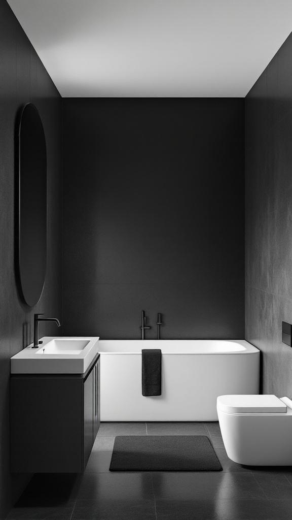 A minimalist dark bathroom featuring black walls, a white bathtub, and a sleek sink.