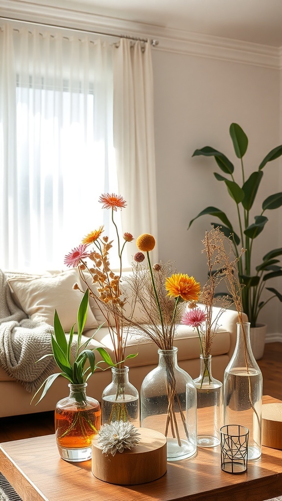 A cozy living room with dried flowers in glass vases on a wooden table.