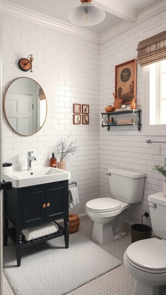 A stylish bathroom with vintage elements, featuring a round mirror, framed artwork, and modern fixtures.
