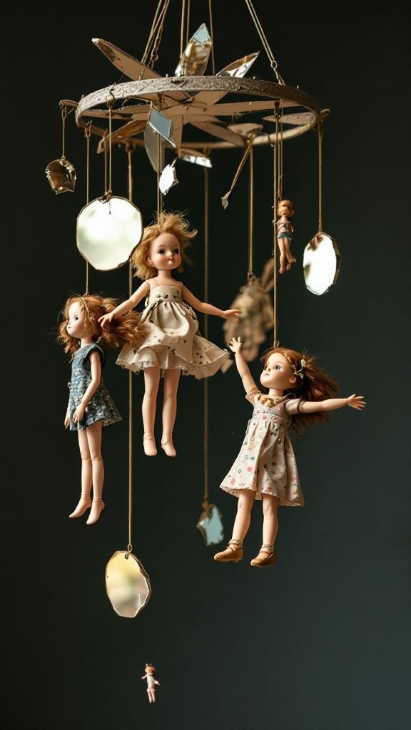 A mobile featuring thrifted dolls and broken mirrors, hanging against a dark background.