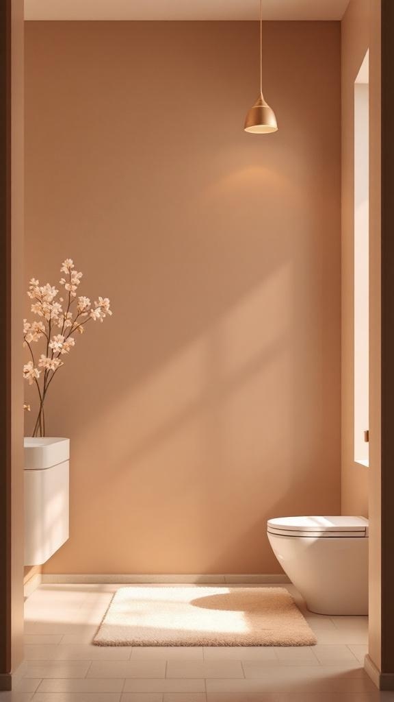 A serene bathroom with warm taupe walls, a white toilet, and a decorative plant.