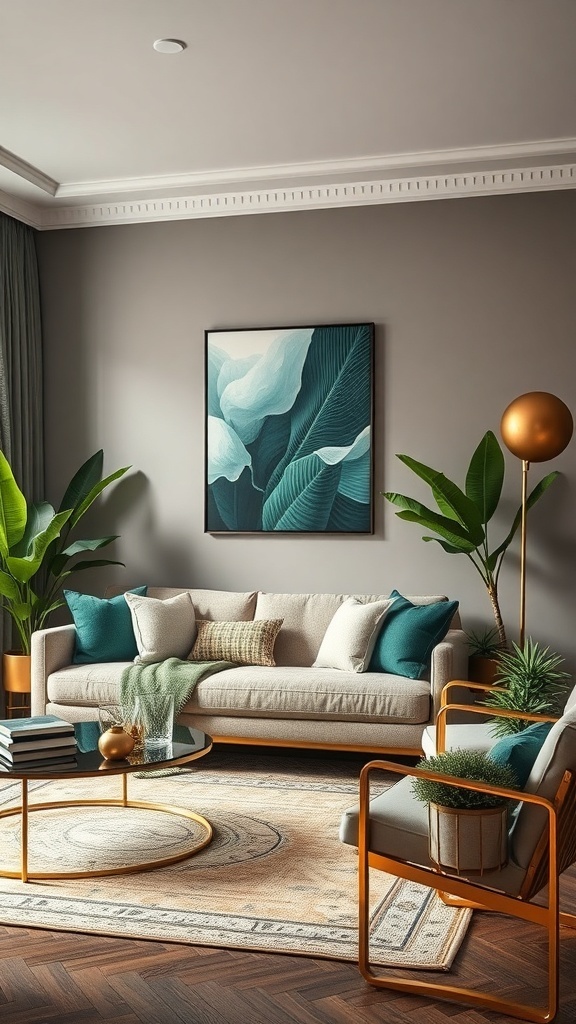 A stylish living room featuring an olive green sofa, gold accents, and lush plants.