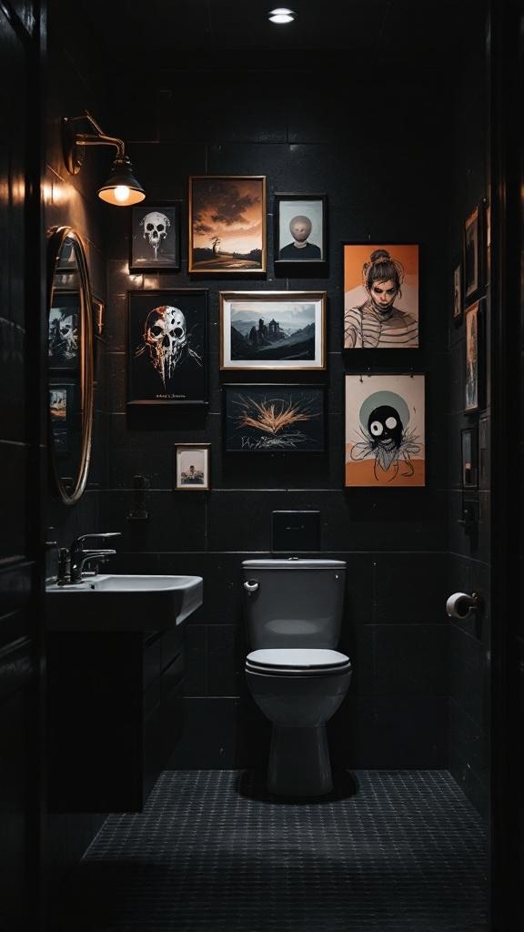 A dark bathroom featuring a variety of moody artwork on the walls, including portraits and abstract pieces.