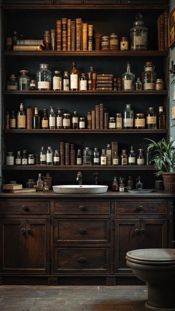 Antique apothecary shelves filled with vintage bottles and books in a dark-themed bathroom.