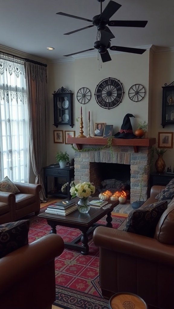 A cozy living room with a taxidermy crow, velvet bean bags, and personalized decor.