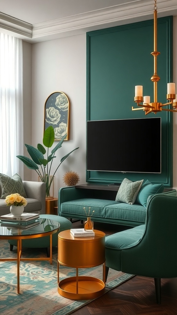A stylish living room featuring an olive green sofa, gold accents, and decorative plants.