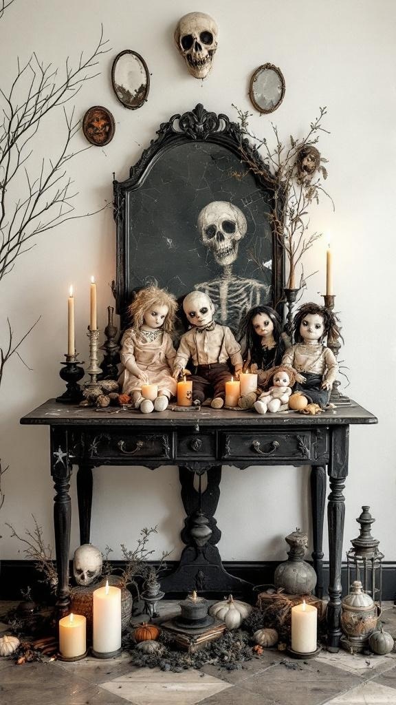 A haunting display of thrifted dolls on a dark table, surrounded by candles and spooky decorations.