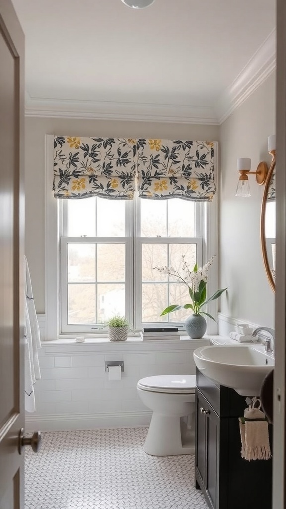 A stylish bathroom featuring floral roman shades, white tile walls, and marble flooring.