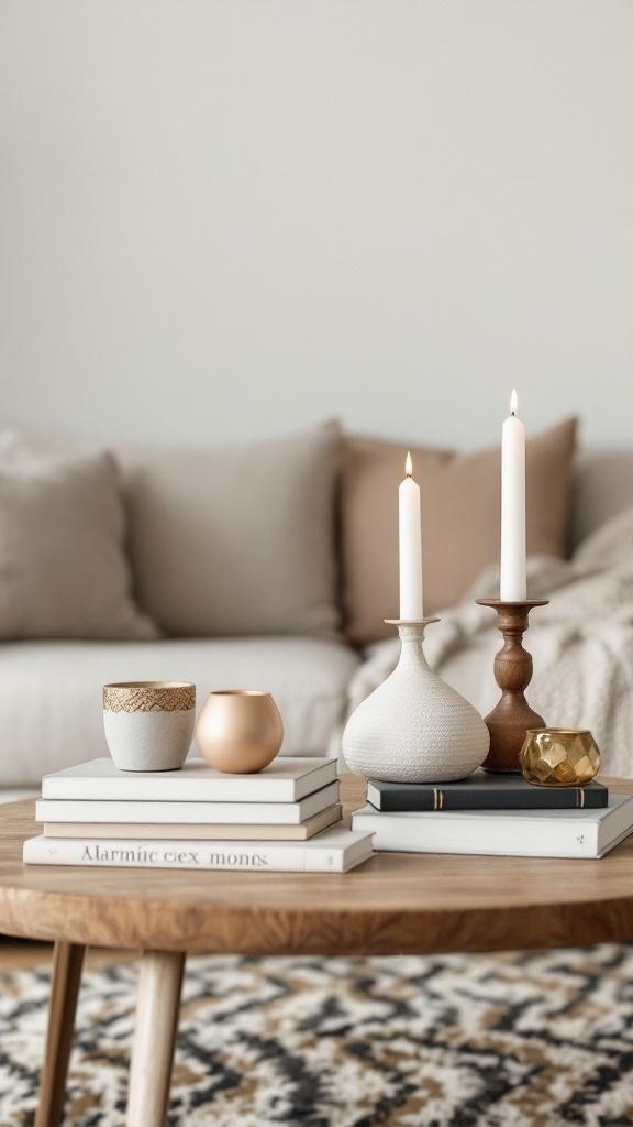A cozy coffee table with books, candles, and decorative items.