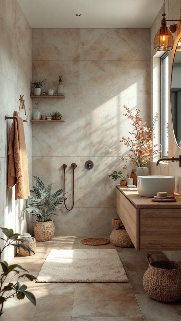A warm earth-tone spa-inspired bathroom featuring natural elements like plants and wooden accents.