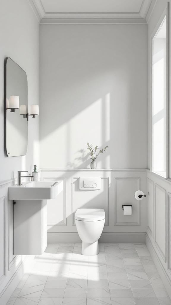 A modern bathroom featuring bright white walls with grey trim, a sleek sink, and natural light.