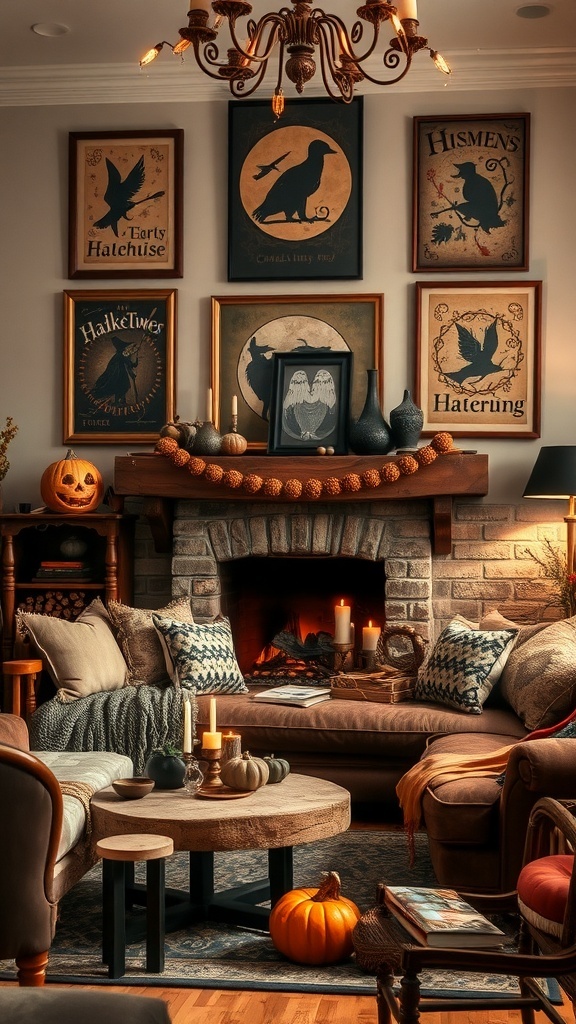 A cozy living room featuring witch-themed wall art and autumn decor.
