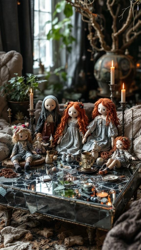 A cozy living room with a mirror table surrounded by thrifted dolls and candles, creating a witchy atmosphere.