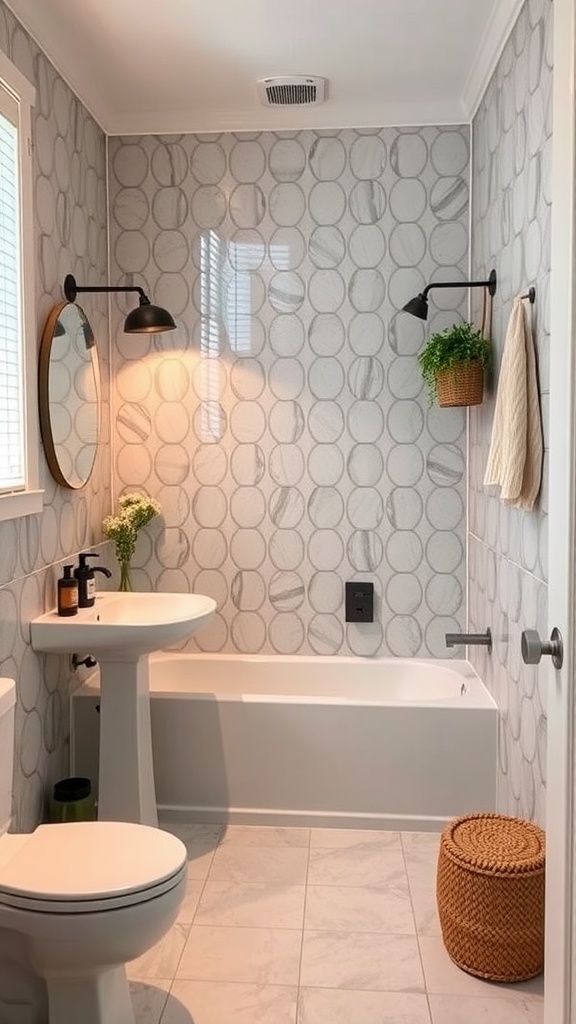 A modern bathroom featuring circular patterned tiles, a round mirror, and stylish lighting.