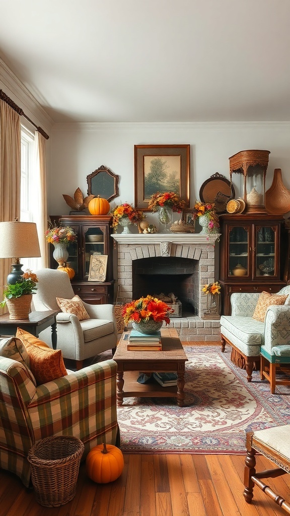 A cozy living room with vintage furniture, autumn decor, and pumpkins.