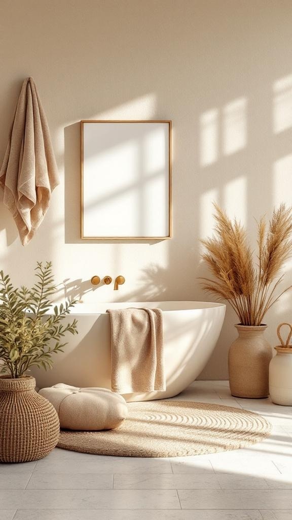 A spa-inspired bathroom featuring soft earthy textures, a cozy bathtub, and natural decor.