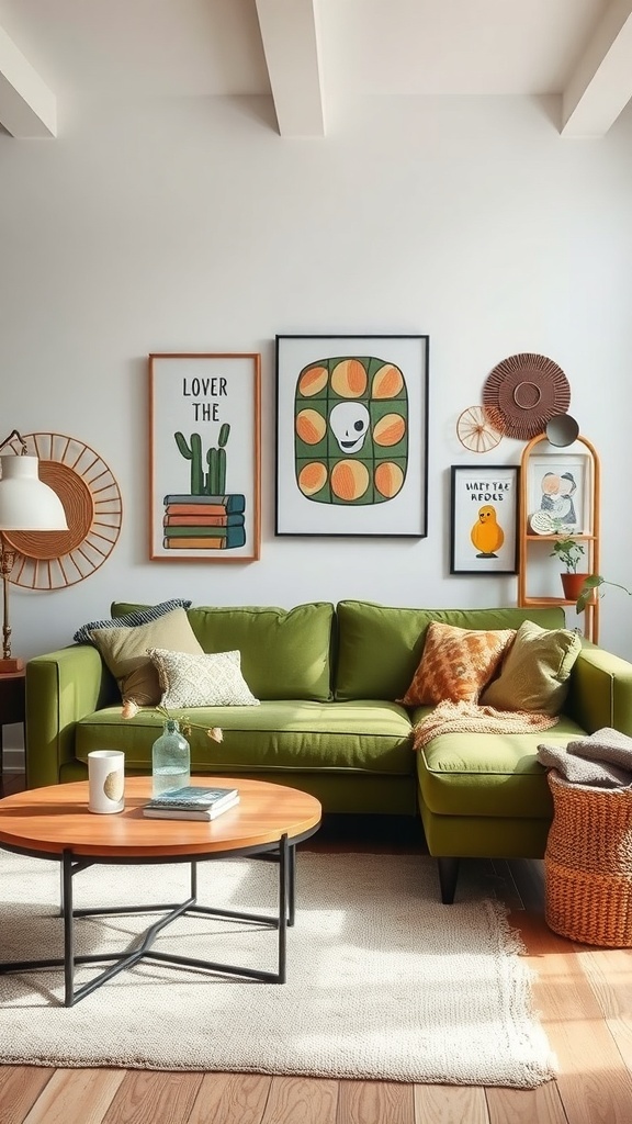 A stylish green living room featuring an olive green sofa, artistic wall decor, and a round coffee table.
