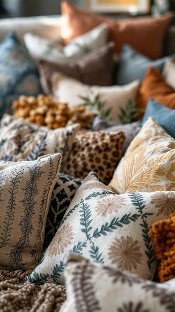 A variety of colorful throw pillows with different patterns and textures