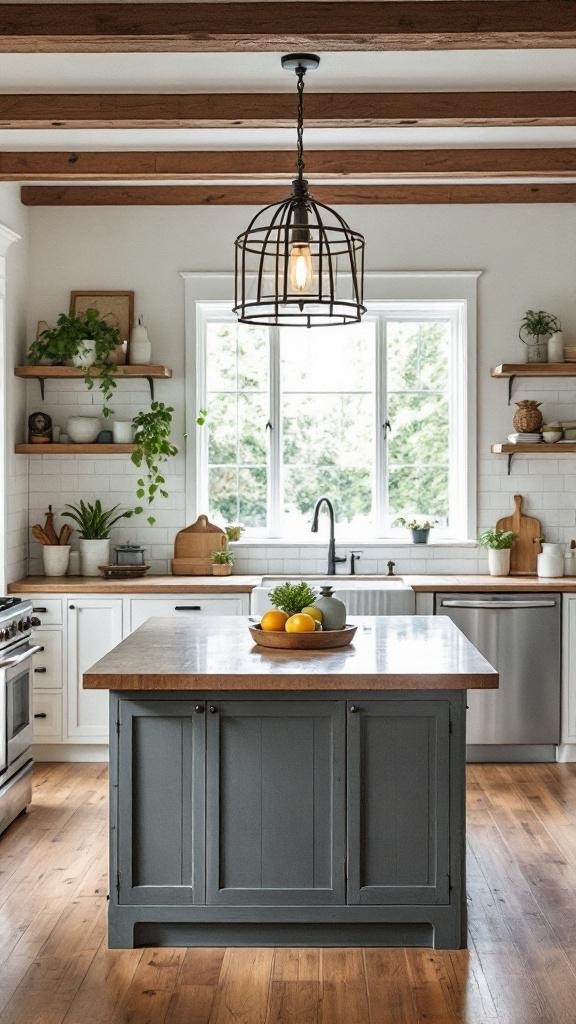 Rustic metal cage chandelier hanging over a kitchen island with wooden countertop and plants.
