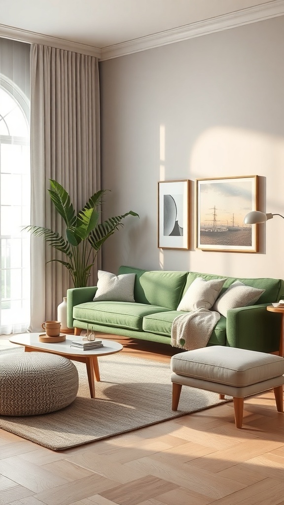 A cozy living room featuring an olive green sofa, neutral walls, and wooden accents.