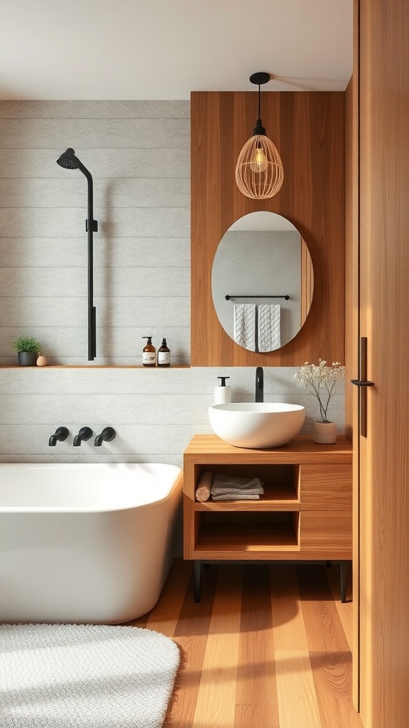 A modern bathroom featuring warm wood accents, including a wooden vanity and flooring.