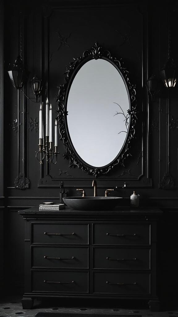 A gothic inspired mirror in a dark bathroom setting.